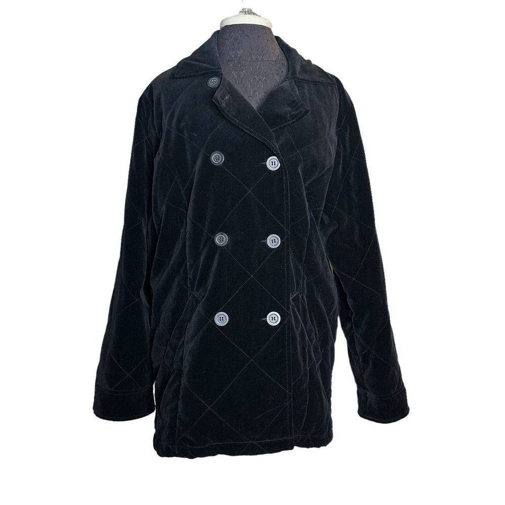 Denim & Co Pea Coat Women's M Black Quilted Double Breasted Cotton Velvet